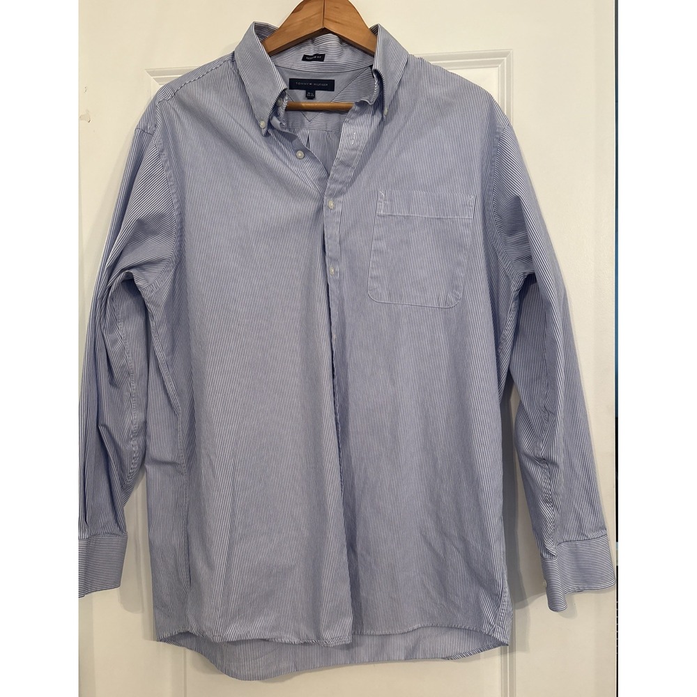 Tommy Hilfiger Men's Regular Fit Shirt Size 16 1/2 34–35 Blue / White Stripe